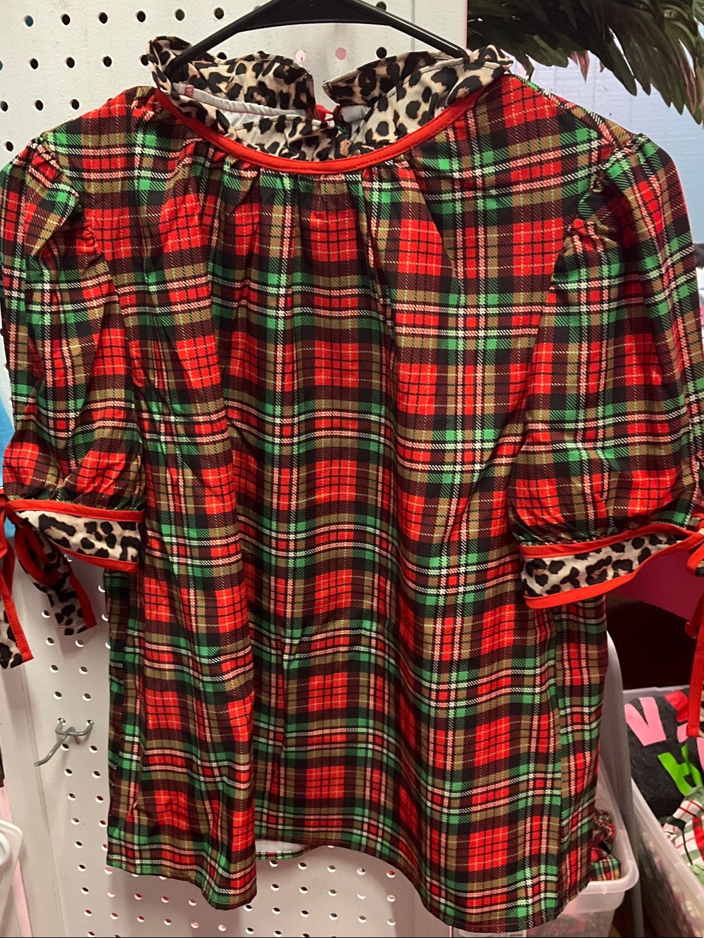 Red & Green Plaid Holiday Top with Leopard Trim